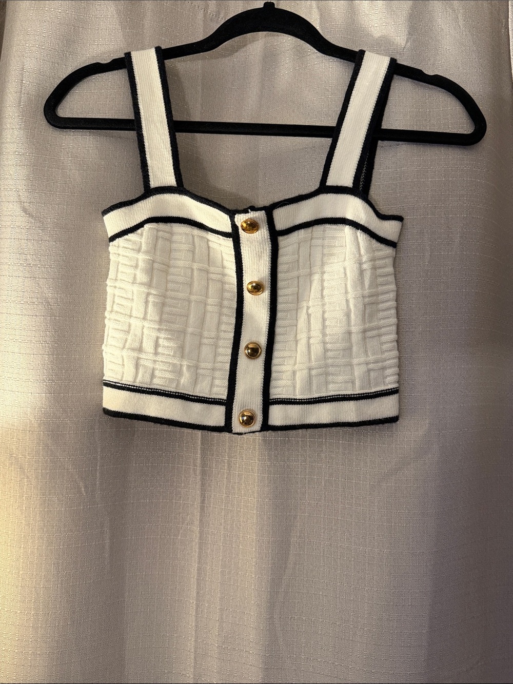 Amazon White Cropped Knit Tank with Black Trim and Gold Buttons